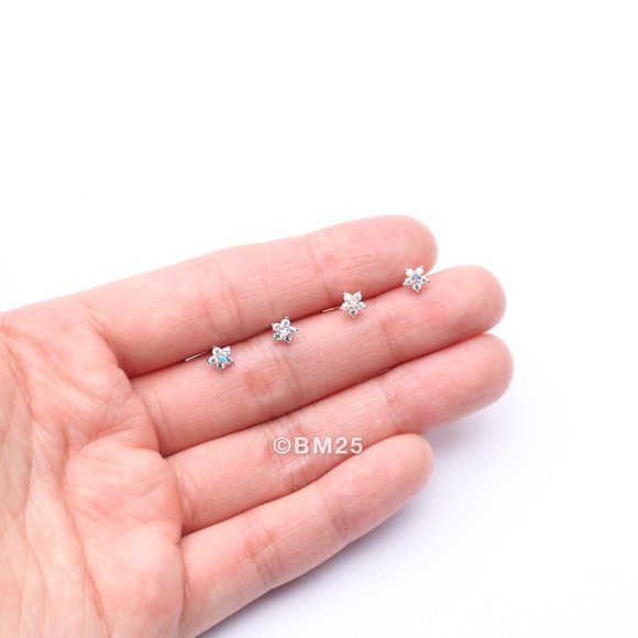 14 Karat Gold Fire Opal Multi-Gem Sparkle Flower Top L-Shaped Nose Ring - Picture 3 of 5